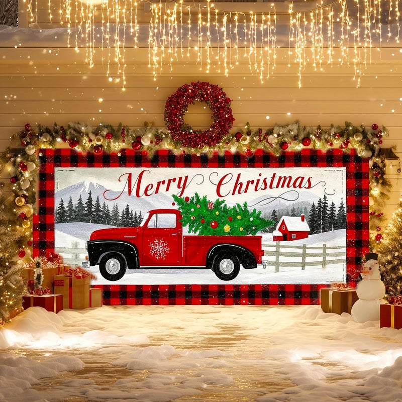 IVN Vintage Red Truck Christmas Tree Mountain Scene Garage door banner Door Cover Indoor And Outdoor Studio Background Hanging Decoration 13x6ft - Image 2